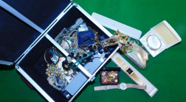 Costume jewellery in a costume box, to include watches, necklaces, pendants, etc.
