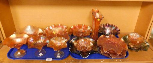 Carnival glass, including vases, bowls, plates, etc., the largest bowl 25cm diameter. (2 trays and l
