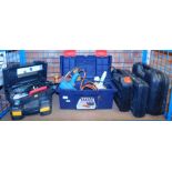 A Parkside sander, a Titan toolbox containing drills, hot air blowers, Pro sander, Black and Decker