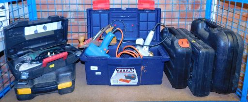 A Parkside sander, a Titan toolbox containing drills, hot air blowers, Pro sander, Black and Decker