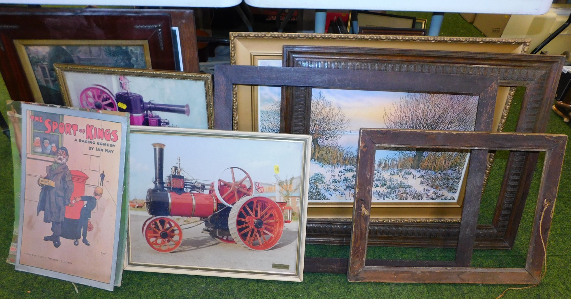 Pictures and prints, large gilt framed landscape of winter scene, traction engine, etc. (approx 8)