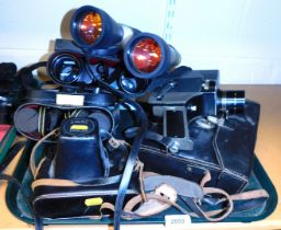 Various binoculars and cameras, including a Zenith camera and case, and Tormat 8EEZ 8mm camera.