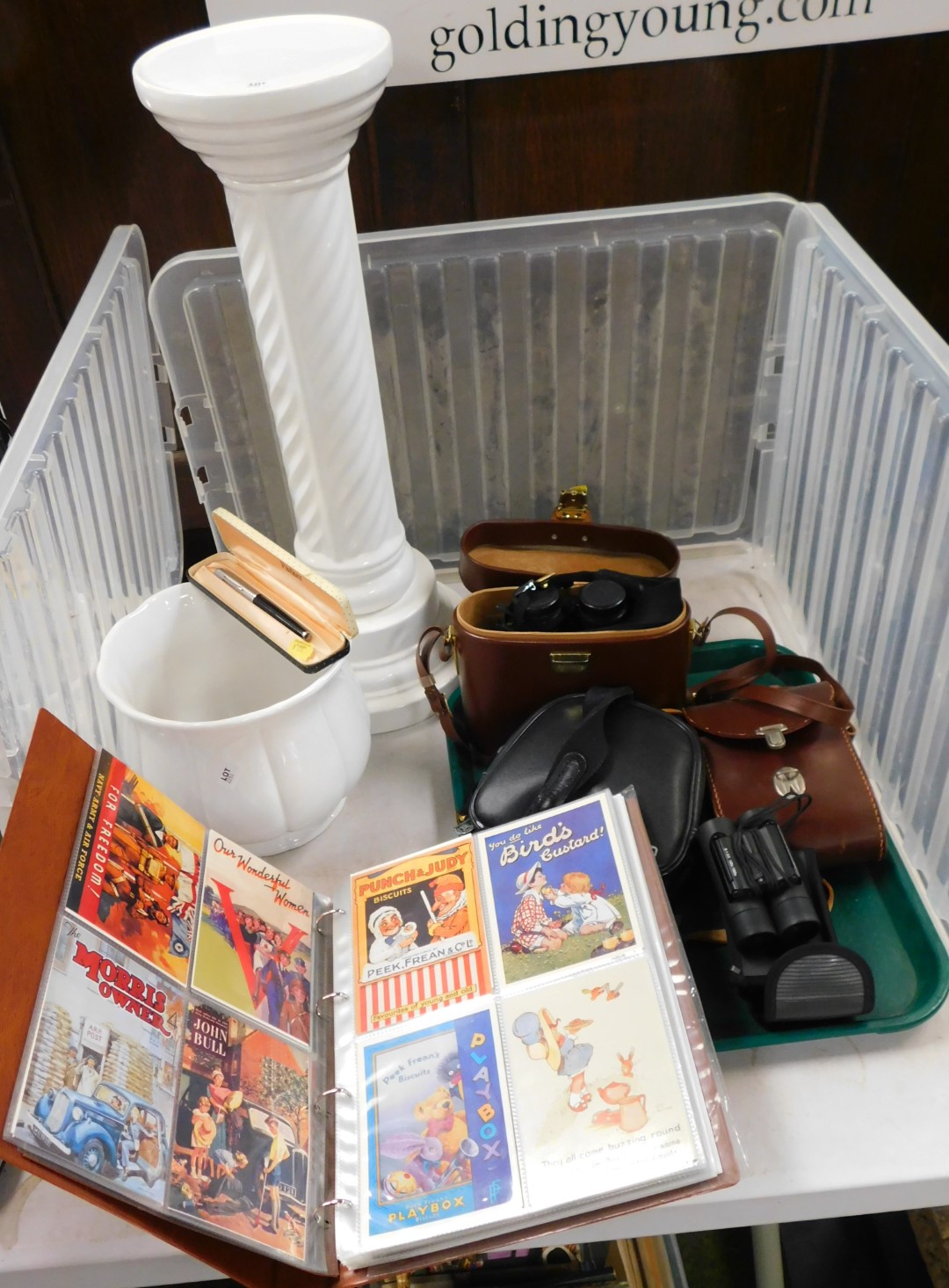 Ceramics and postcards, including a planter with stand, album of postcards, binoculars, a Parker Pen