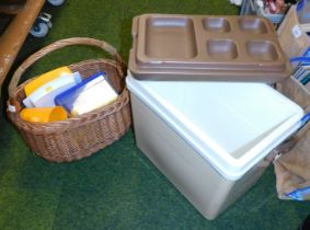 A cool box and a wicker basket containing a quantity of Tupperware picnic items, etc.