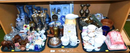 Miscellaneous items, including pewter, silver plated goblets, brassware, ceramics including mugs, te