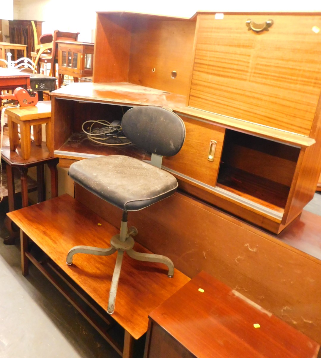 A desk unit, with fall to top over sliding doors, with an office chair, two tier coffee table. (5)