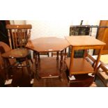 A Victorian walnut window table, an oak trolley table and a Victorian elm kitchen chair. (3)