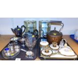 Silver plated and brass ware, including a dressing set with hand mirror, candle holders, a brass ket