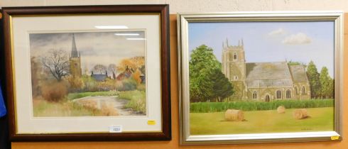 A watercolour by D Rose of Redmile church, another church by Sheila Chilvers in a silver frame.