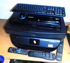 A HP MV4527 printer/scanner/copier, a Panasonic blu-ray disc player, model number DMPBD45, a Sagemco