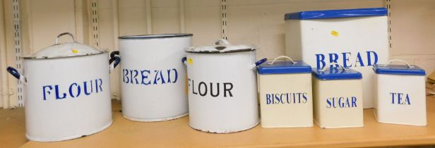 Kitchenalia, to include enamelled bread and flour tins, lidded bread bin, lidded biscuit, sugar and