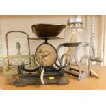 Metalware, to include Aviary cast iron scales, Salter scales, butter churn, trivet, etc. (1 shelf)