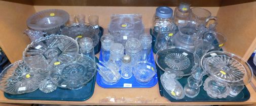 Glassware, including pressed glass and cut glass, large centre bowls, cake plates, cake stands, the