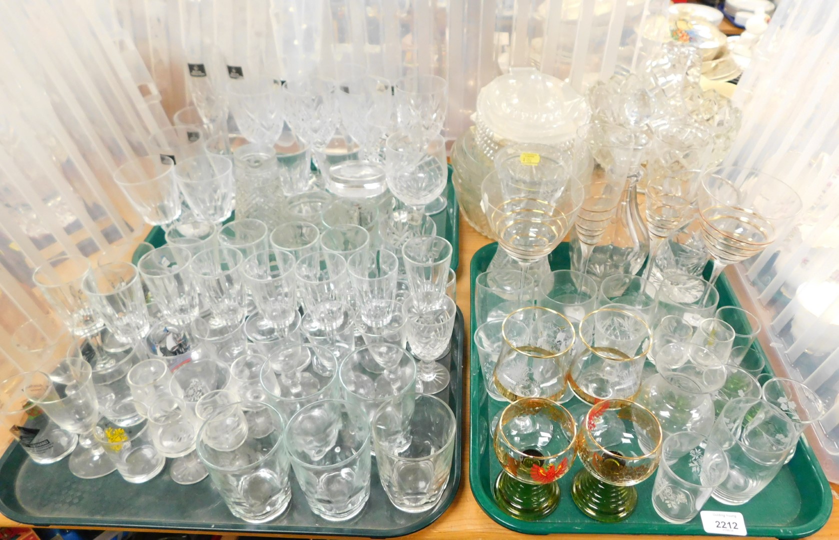 A large selection of glassware, including Royal Doulton drinking glasses, champagne flutes, smaller