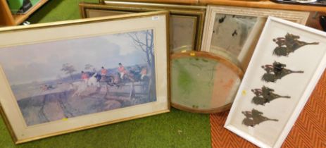 Pictures and prints, pictures to include equine study, hunting scene gilt framed and glazed, and thr