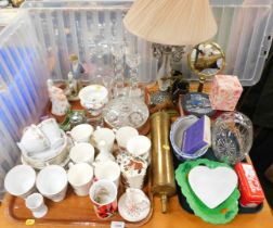 Miscellaneous items, including part tea service, a cut glass wine ewer, candlesticks, cut glass bowl