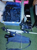 A quantity of camera equipment, including tripods, cameras to include Minolta AF-E2, cases, camera b