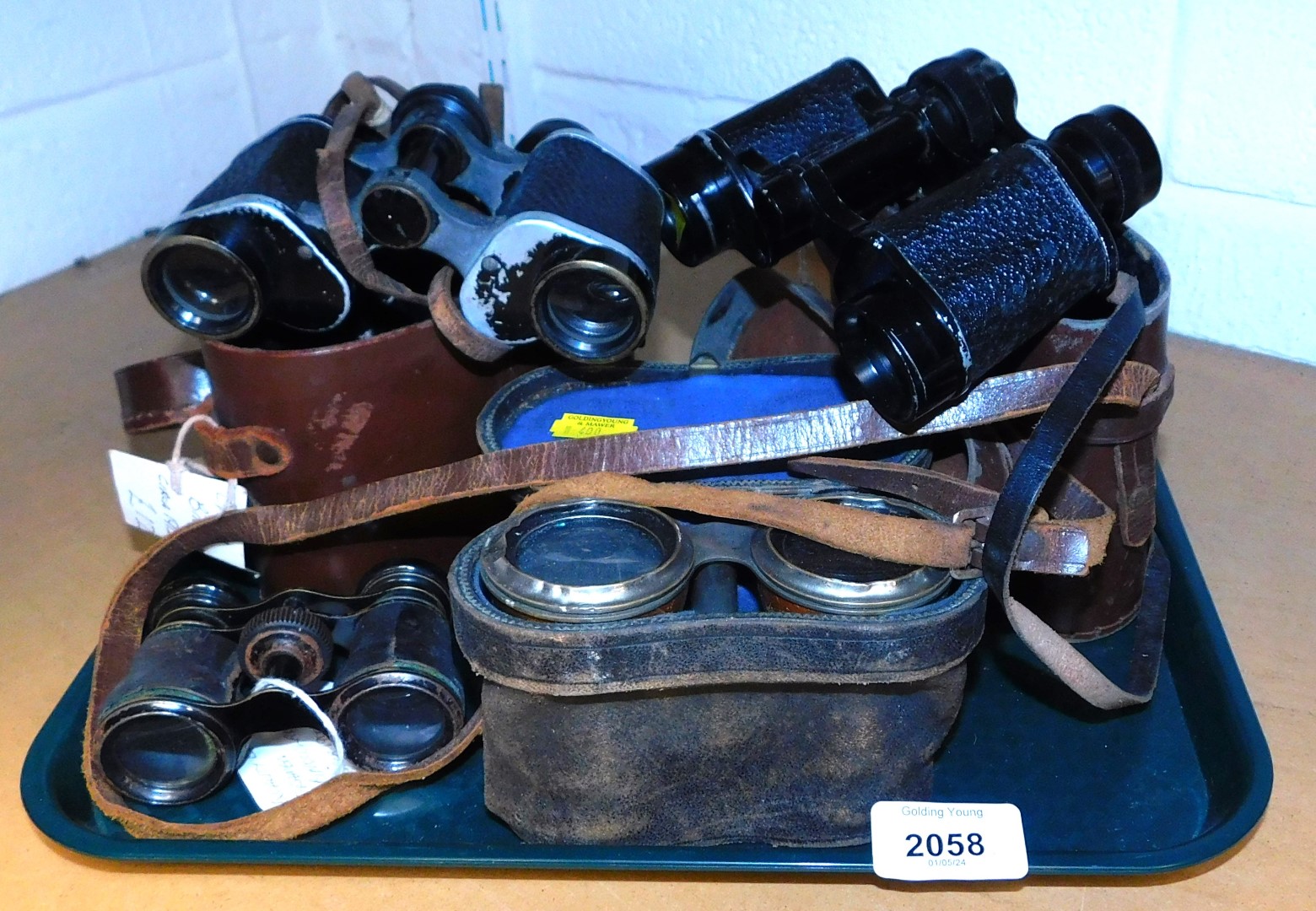 Two pairs of binoculars, opera glasses etc. (1 tray)