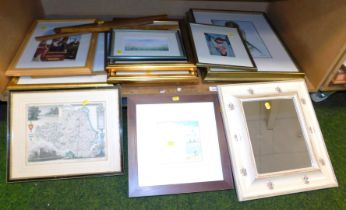 Pictures, prints and mirrors, approx ten landscape pictures and one map, and a florally framed mirro