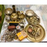 Miscellaneous items, including brass and silver plated wares, a two sconce candelabra, napkin rings,