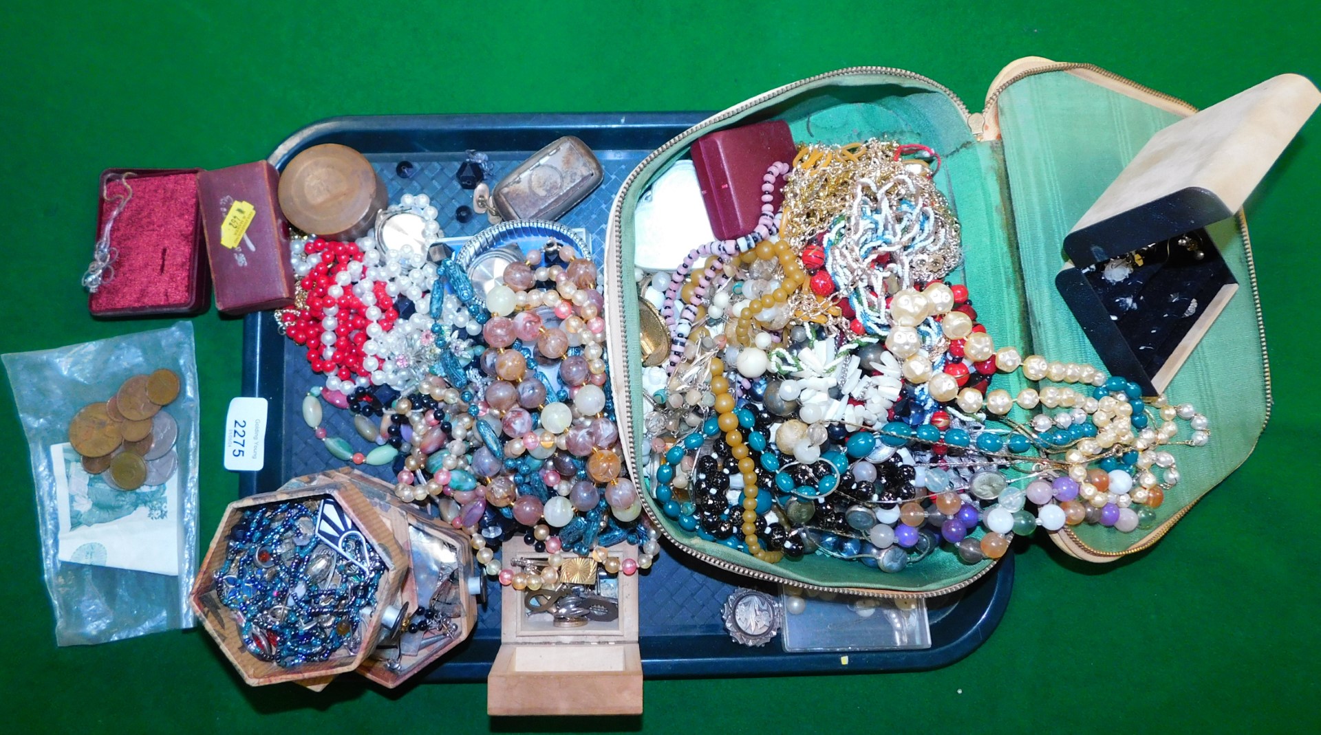 Costume jewellery, to include necklaces, bangles, beads, brooches, watches, some English coinage and