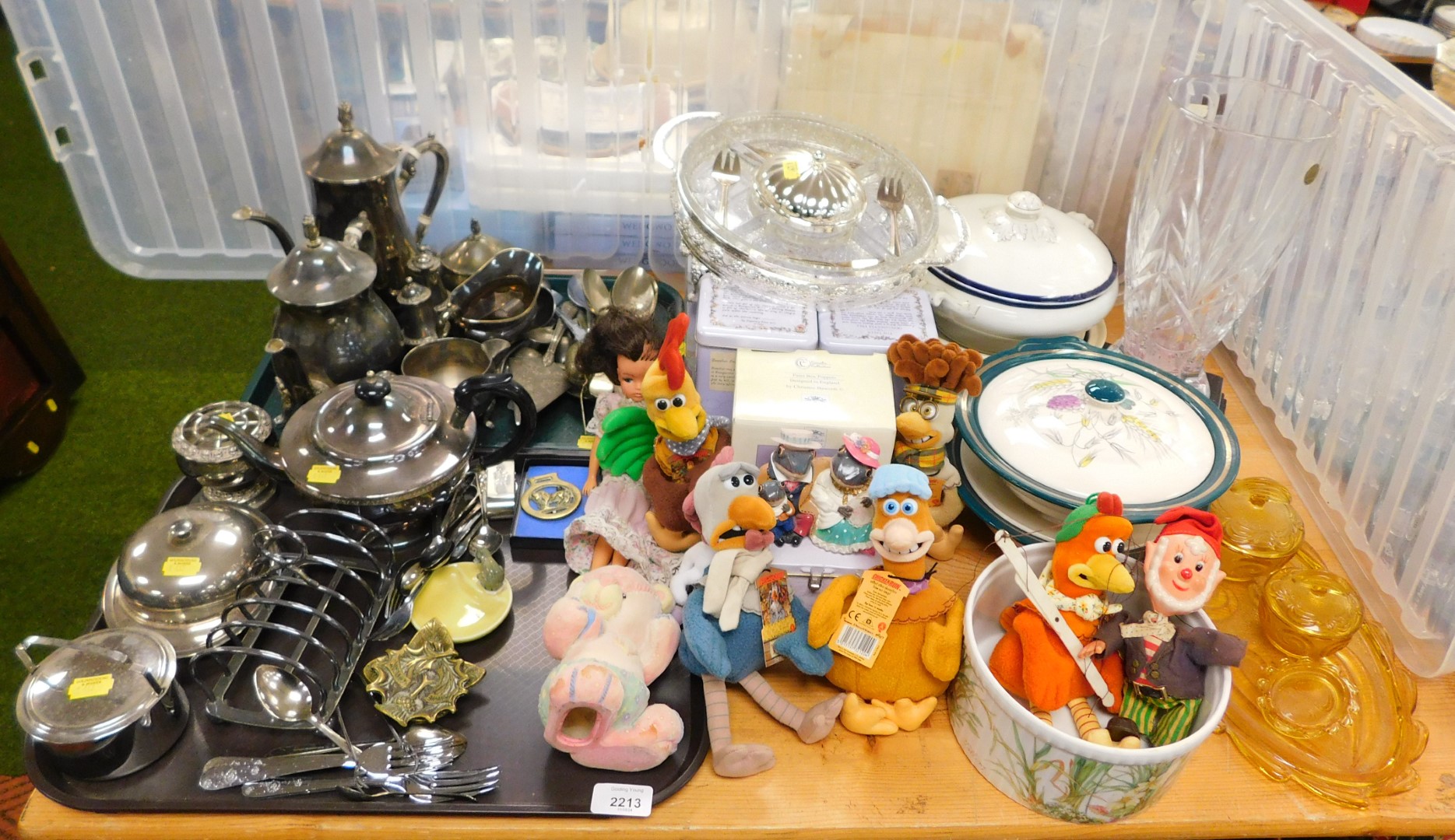 Miscellaneous items, including silver plated wares with coffee pot, teapot, milk, sugar, further cof