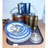 A quantity of Willow pattern ceramics, including large and small dishes, two ammunition cases, marke