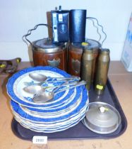 A quantity of Willow pattern ceramics, including large and small dishes, two ammunition cases, marke
