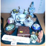 Miscellaneous items, mostly ceramics, including hand painted pin tray, small Wedgwood urn, and a qua
