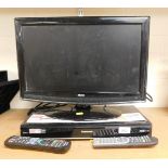 A Panasonic Freeview+ HD box, model number DMR-HW120, together with a small flat screen TV by Tevion