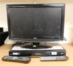 A Panasonic Freeview+ HD box, model number DMR-HW120, together with a small flat screen TV by Tevion