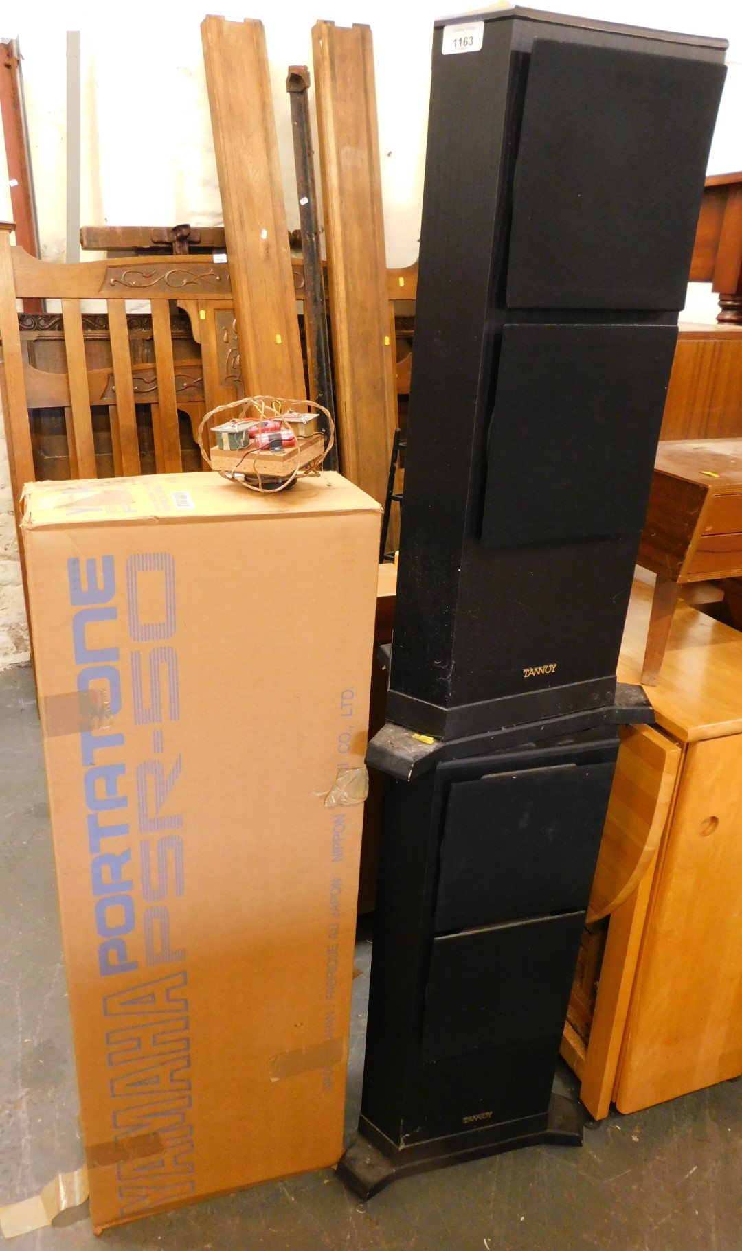 Two large tanoy speakers, a Yamaha portable keyboard, PSR50, in box.