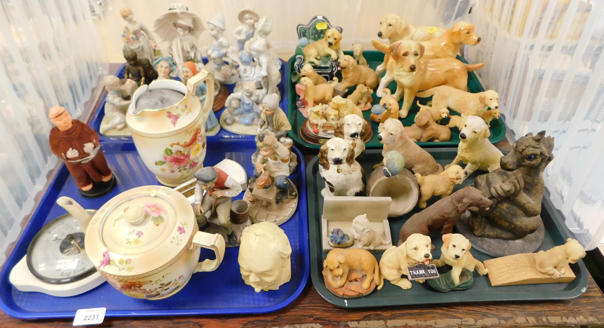 Ceramics, to include animal ornaments, figural ornaments, dogs, people, plastic Monk, ovenware teapo