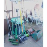 Garden equipment, including a scarifier, various trolleys, Hozelock system, a Qualcast Panther 330DL