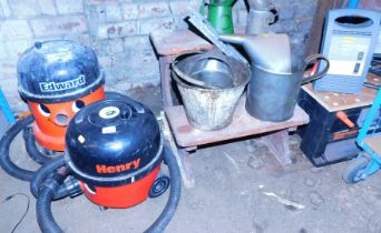 An Edward hoover and a Henry hoover, set of two steps, oil cans large and small, pail, Halford's bat