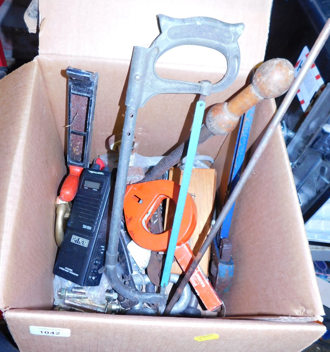 A box containing hand tools, including saws, files, etc., together with a realistic Cept PR2 7gb wal