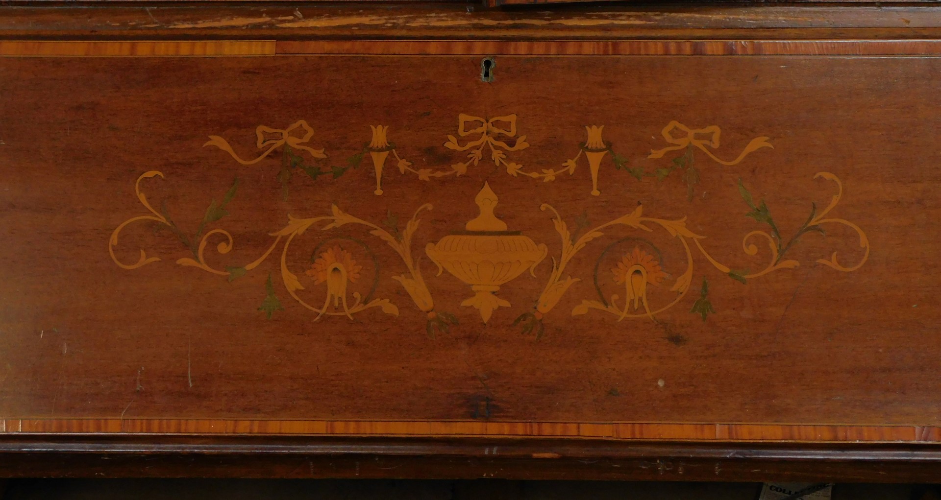 A late 19thC mahogany and inlaid bureau bookcase, the top with swan neck pediment above a - Image 5 of 5