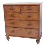 A Victorian mahogany chest, of two short and three long drawers, on turned feet, 109cm high, 100cm