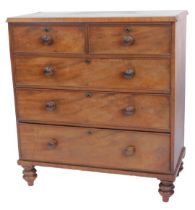 A Victorian mahogany chest, of two short and three long drawers, on turned feet, 109cm high, 100cm