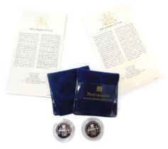 Two Bill of Rights two pound silver proof coins, each with a certificate of authenticity. (2)