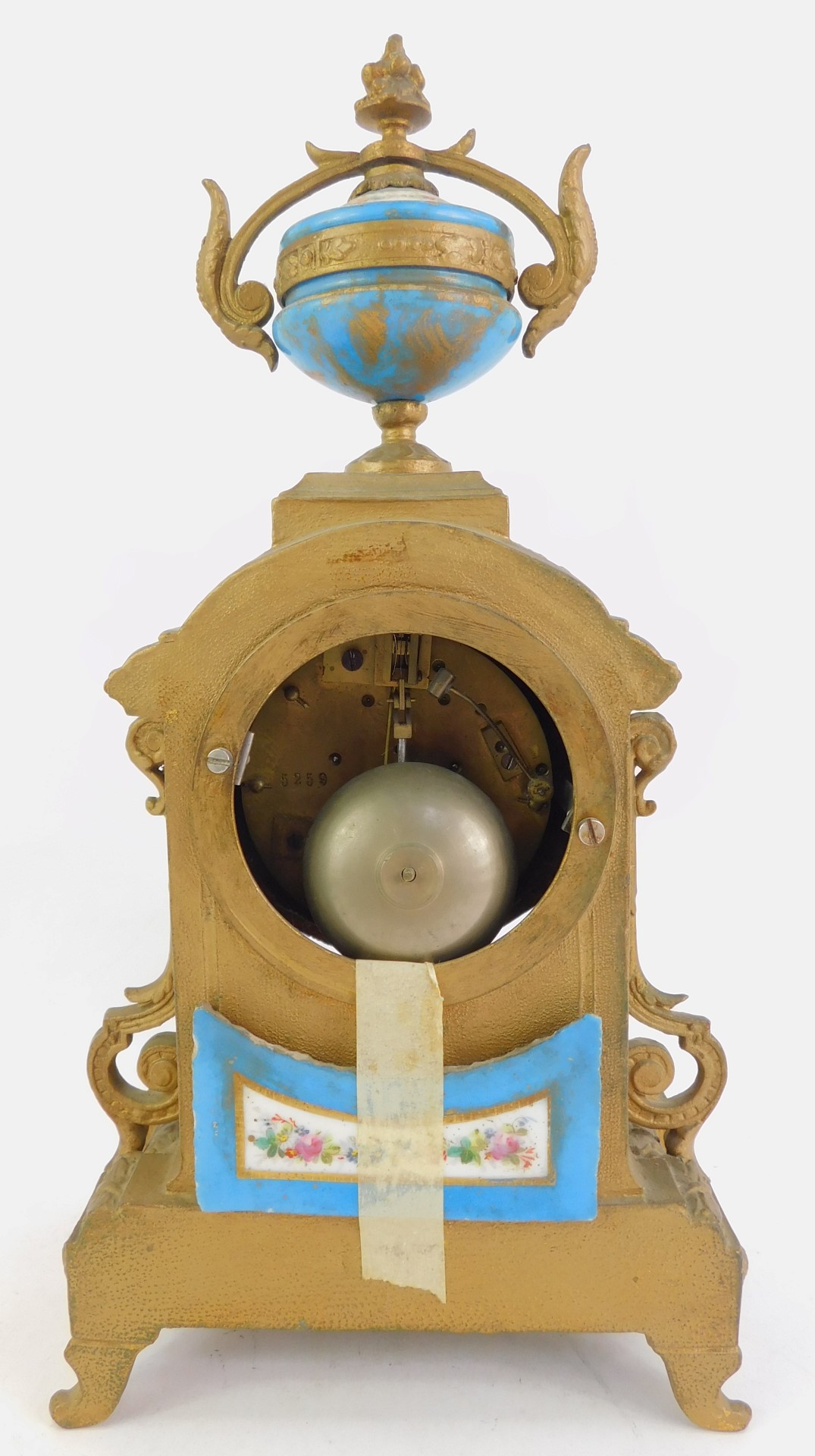 A 19thC French gilt metal and enamelled clock garniture, the white enamel circular dial bearing - Image 5 of 8