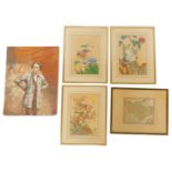 Oriental School. Three pictures depicting two birds on water, birds on flowering tree, and two