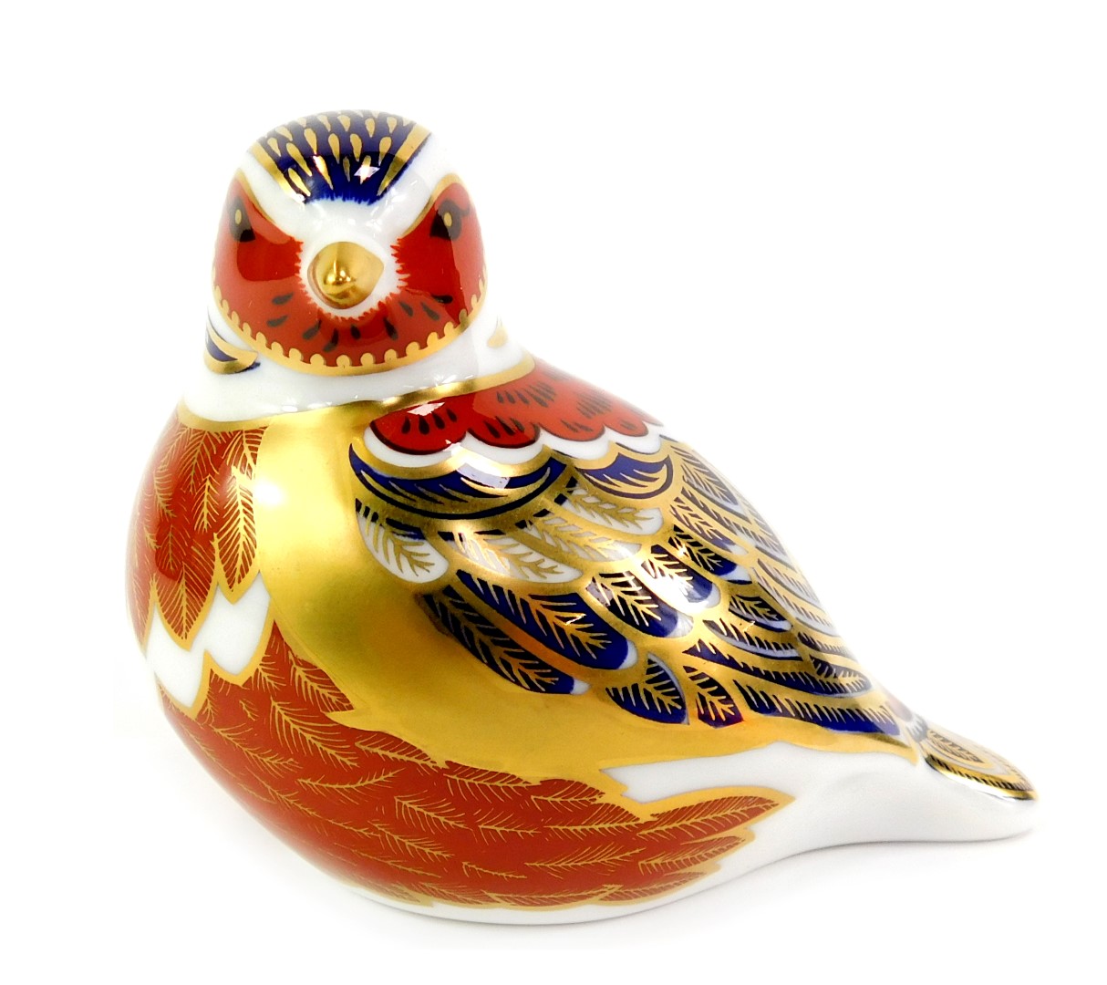A Royal Crown Derby porcelain chaffinch paperweight, red printed marks and gold stopper, 7cm high,
