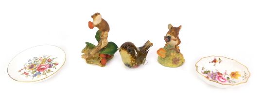 Two Aynsley Master Craft mouse sculptures, one boxed, a Langham bird glass paperweight, and two