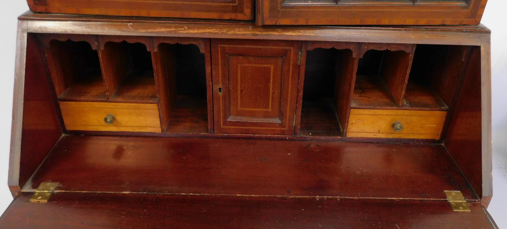 A late 19thC mahogany and inlaid bureau bookcase, the top with swan neck pediment above a - Image 3 of 5