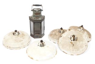 A set of six white enamel industrial shades, each of circular form, 37cm diameter, (AF), together