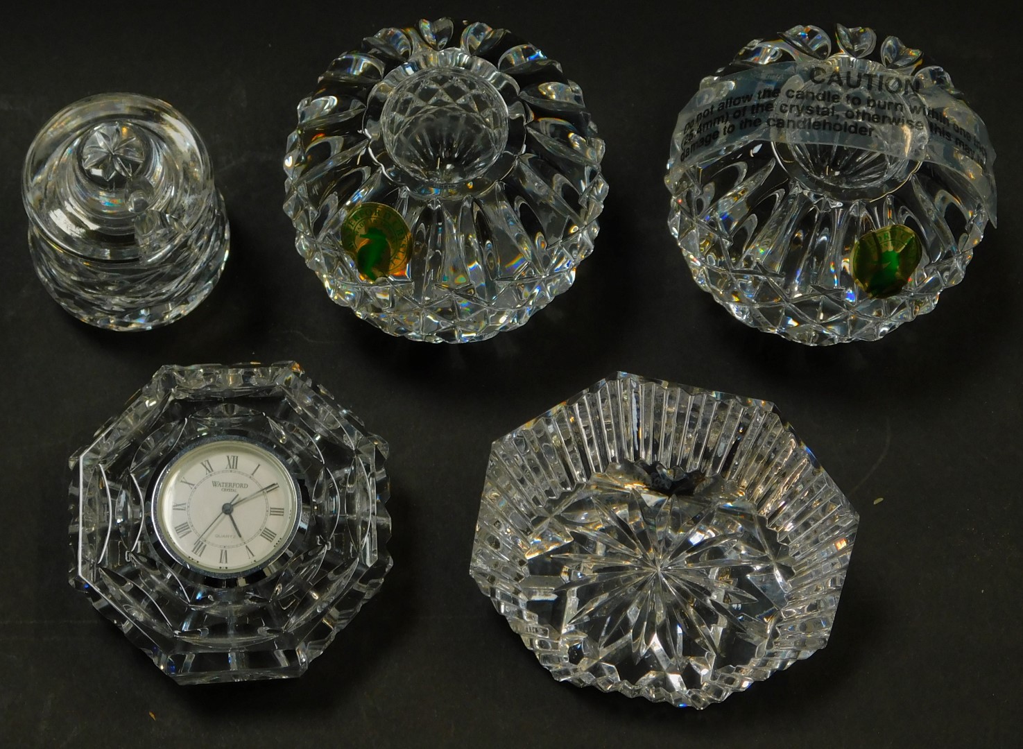 A group of Waterford crystal, comprising a pair of globular candlesticks, 7cm high, miniature - Image 2 of 5