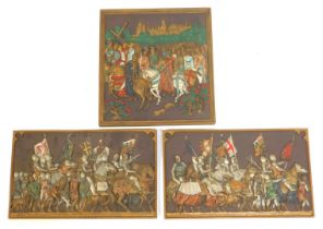 Three Marcus Designs cast metal and painted wall plaques, depicting medieval figures on horseback,