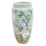 A 20thC Oriental porcelain vase, of cylindrical form, decorated in coloured enamels depicting