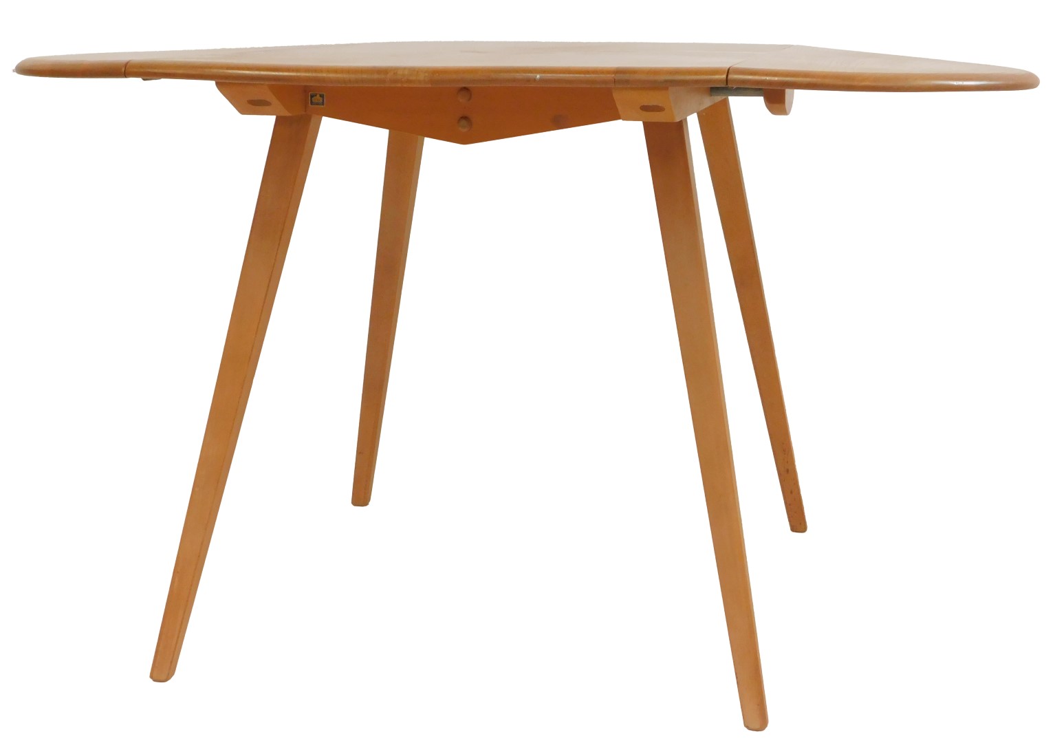 An Ercol elm drop leaf dining table, the top with a rounded edge, raised on square tapering out